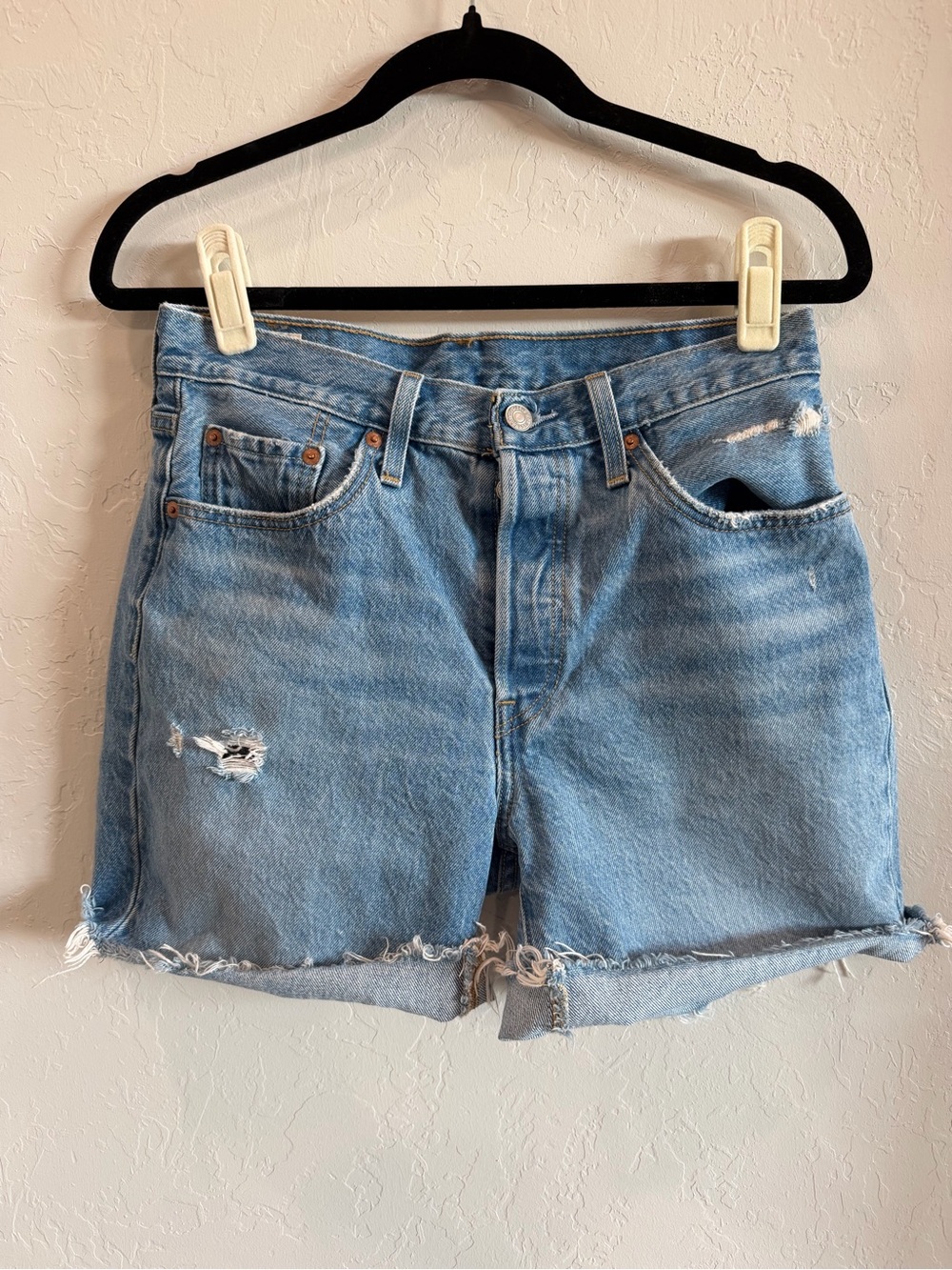 Levi's Light Blue Distressed High-Rise Jean Shorts